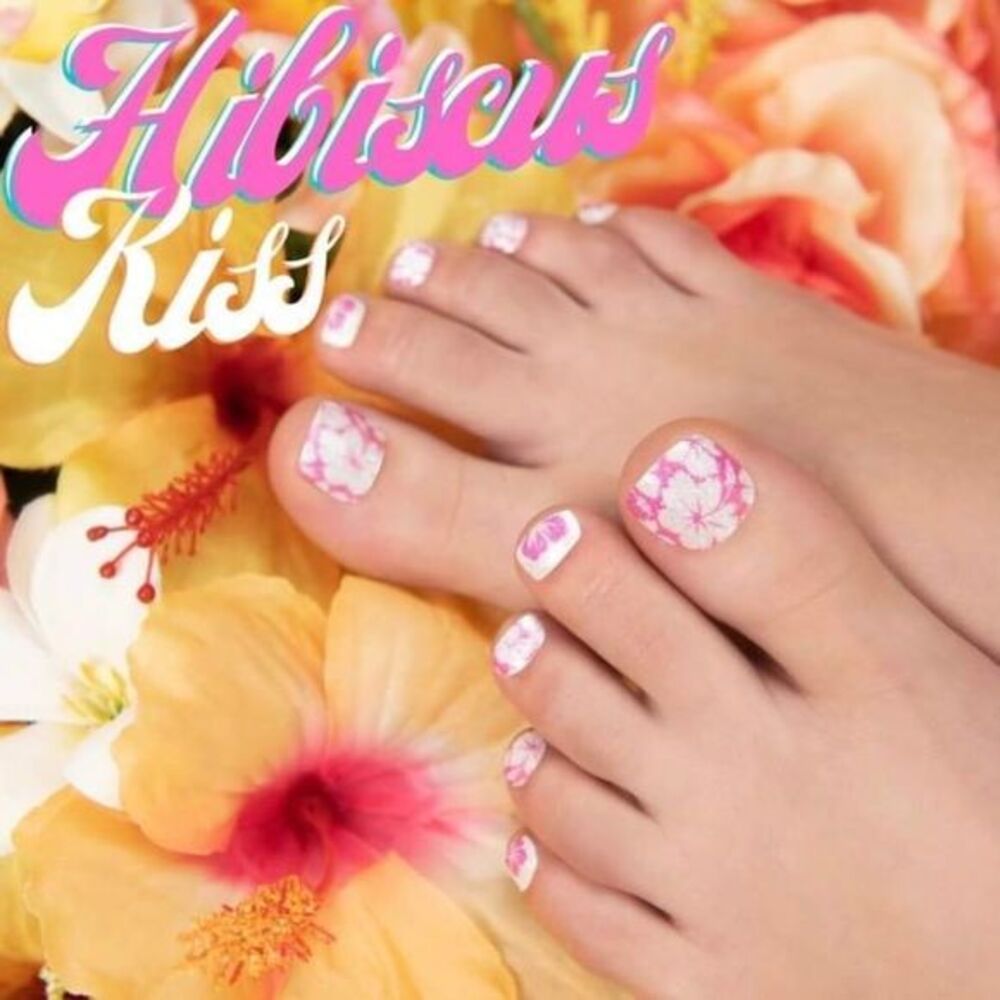 Color Street |  Hibiscus Kiss Pedi, Flowers Pink to Orange ombre nail strips